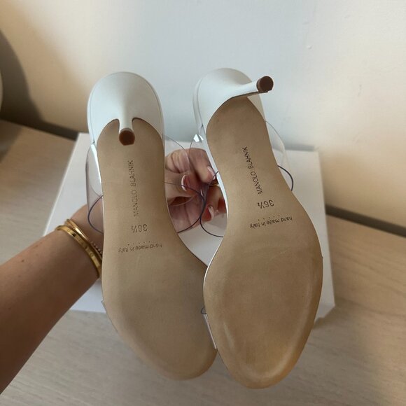 NWT Manolo Blahnik Scolto 90 Sandals White Leather Sz 36.5 Clear PVC Strap - Picture 9 of 10